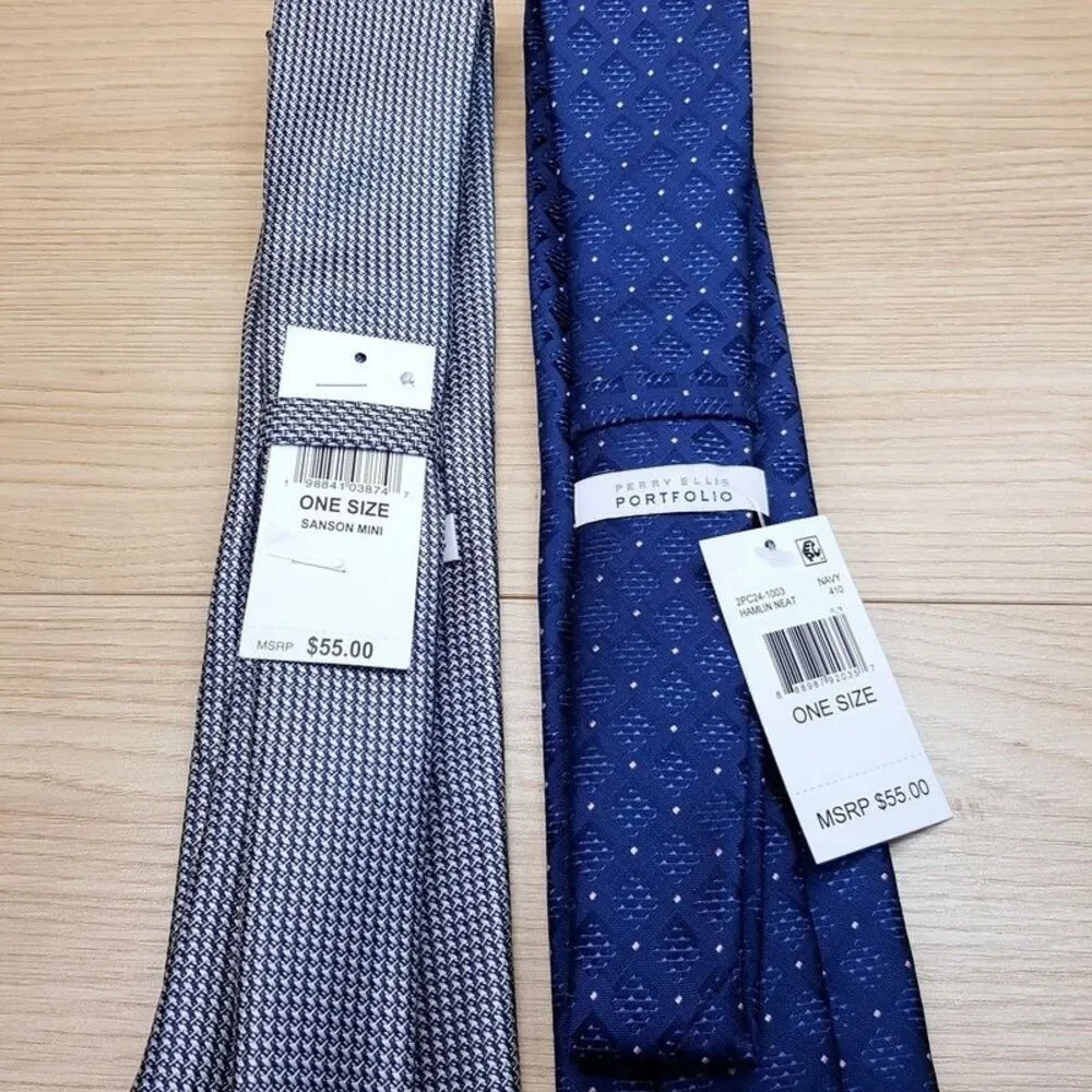 PERRY ELLIS Mens Neck Tie Grey Navy Houndstooth Diamond Geo Lot of 2 Necktie